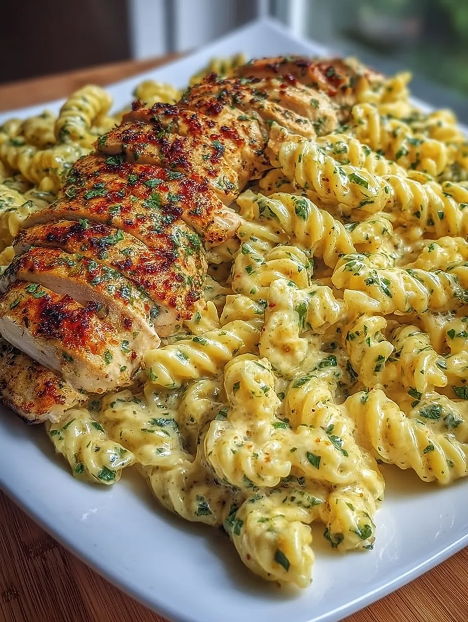 A plate of food with chicken, pasta and broccoli.