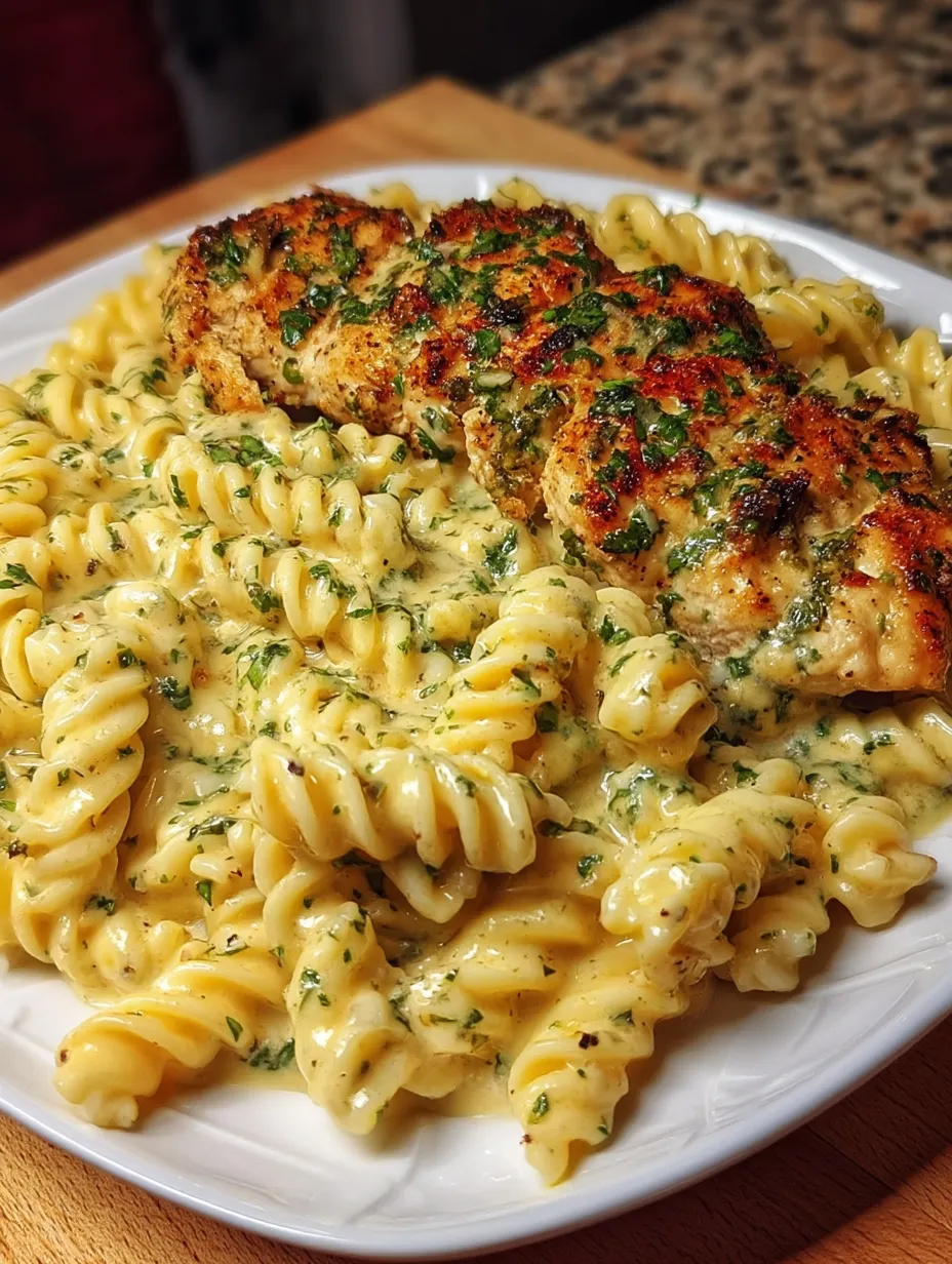 A plate of pasta with chicken and broccoli.