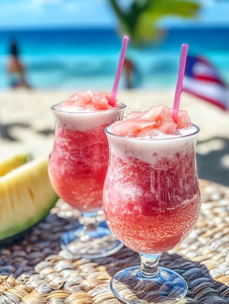 Two glasses of pink drinks on a table.