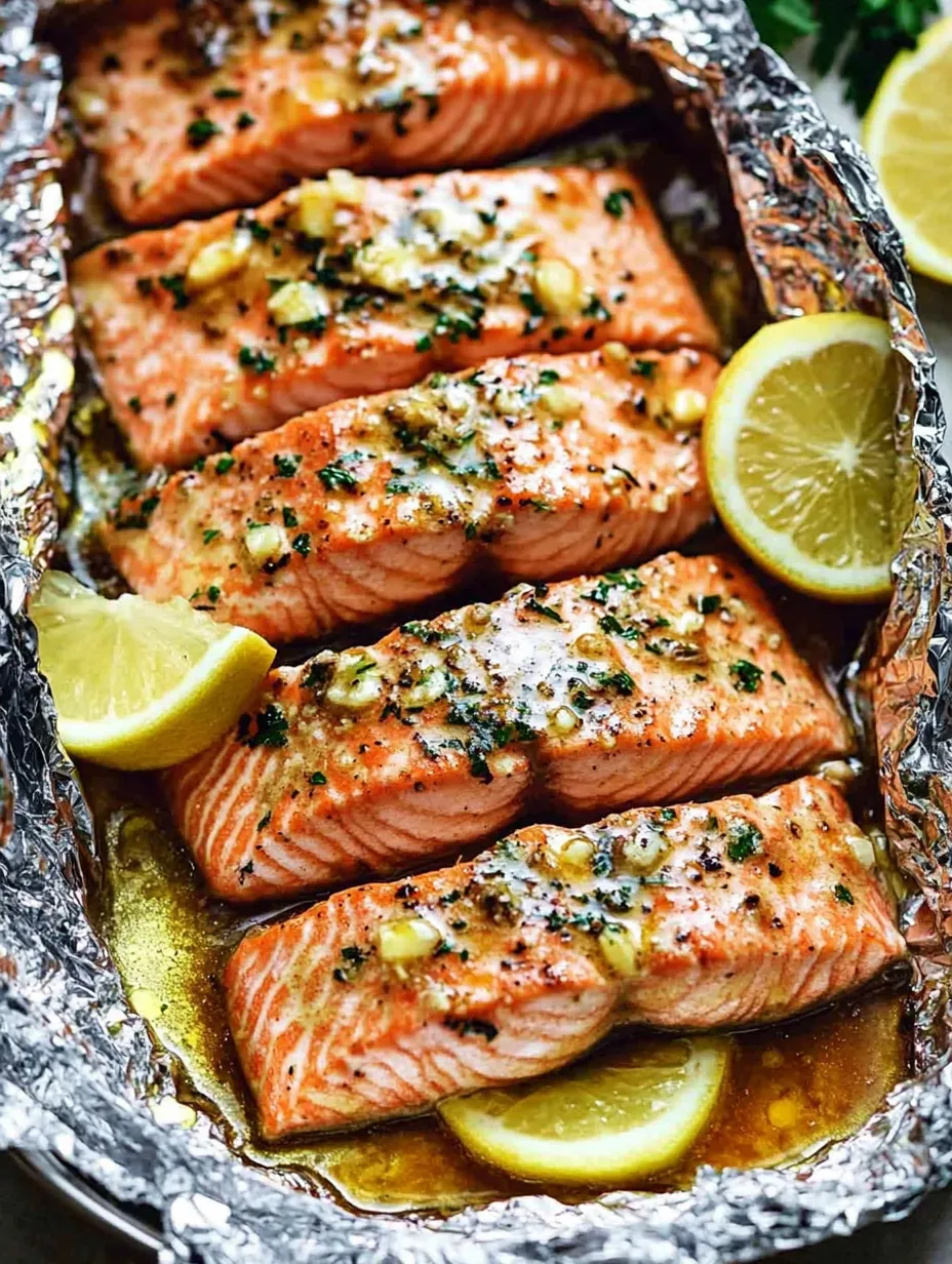 A pile of cooked salmon with lemon wedges on top.
