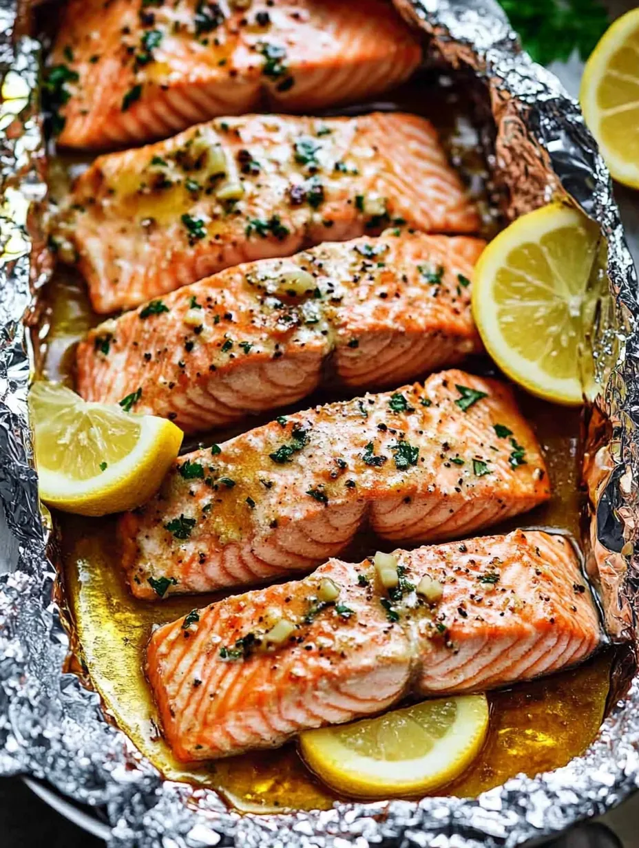 A pan of salmon with lemon slices on top.