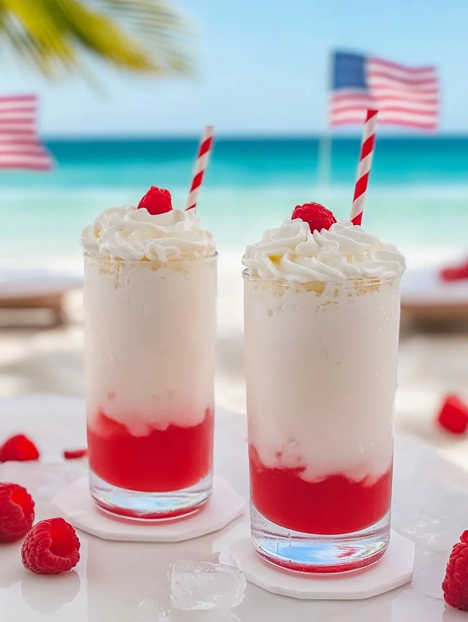Two glasses of red, white and blue drinks.