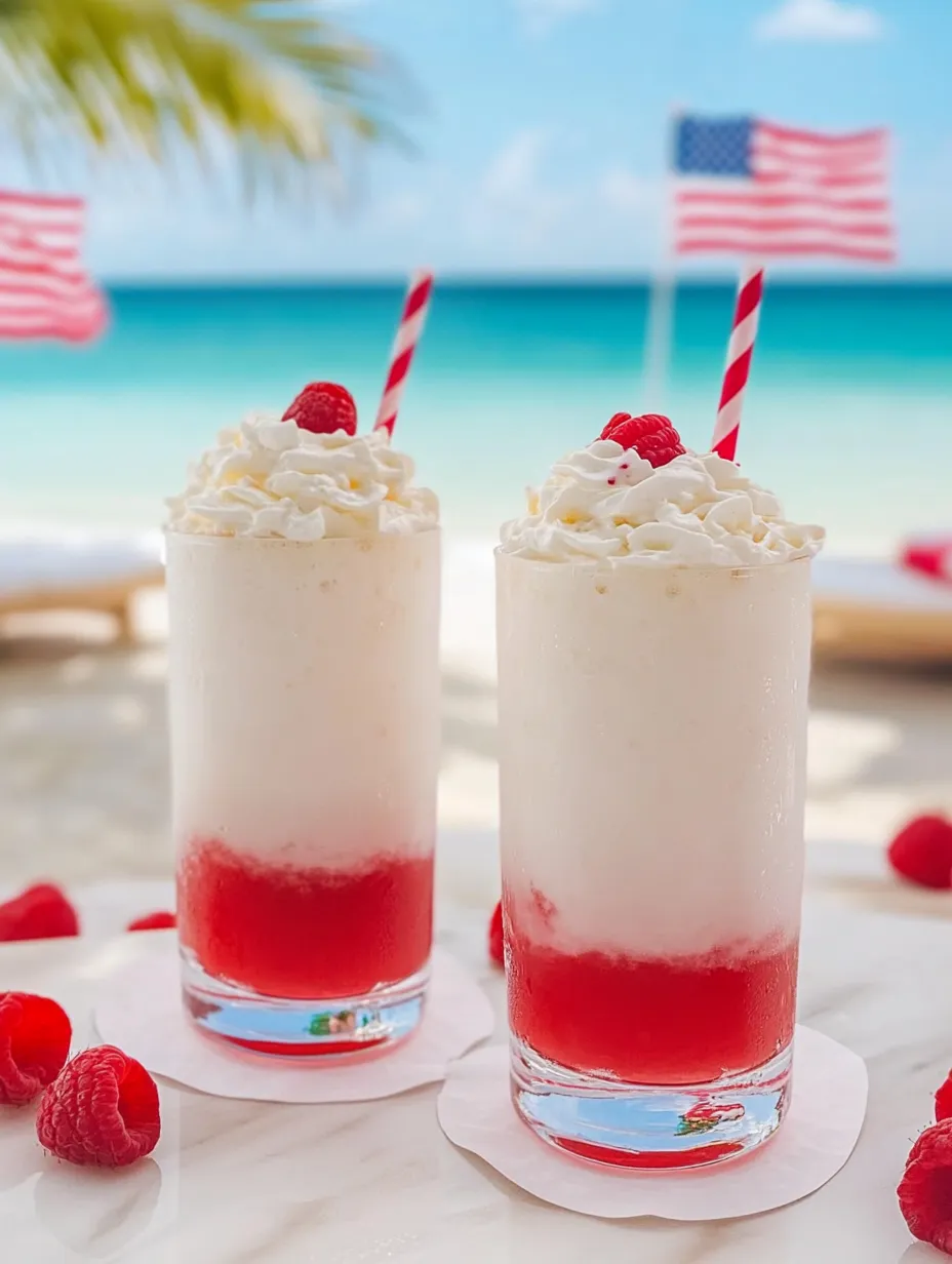 Two glasses of red, white and blue drinks.