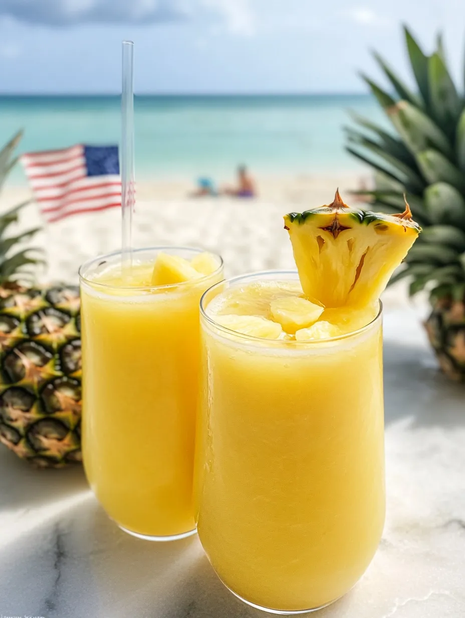 Two glasses of pineapple juice on a table.