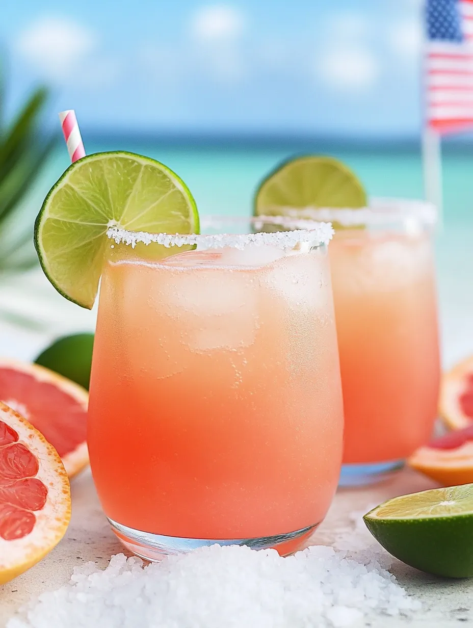 Two glasses of pink drinks with limes and grapefruit.