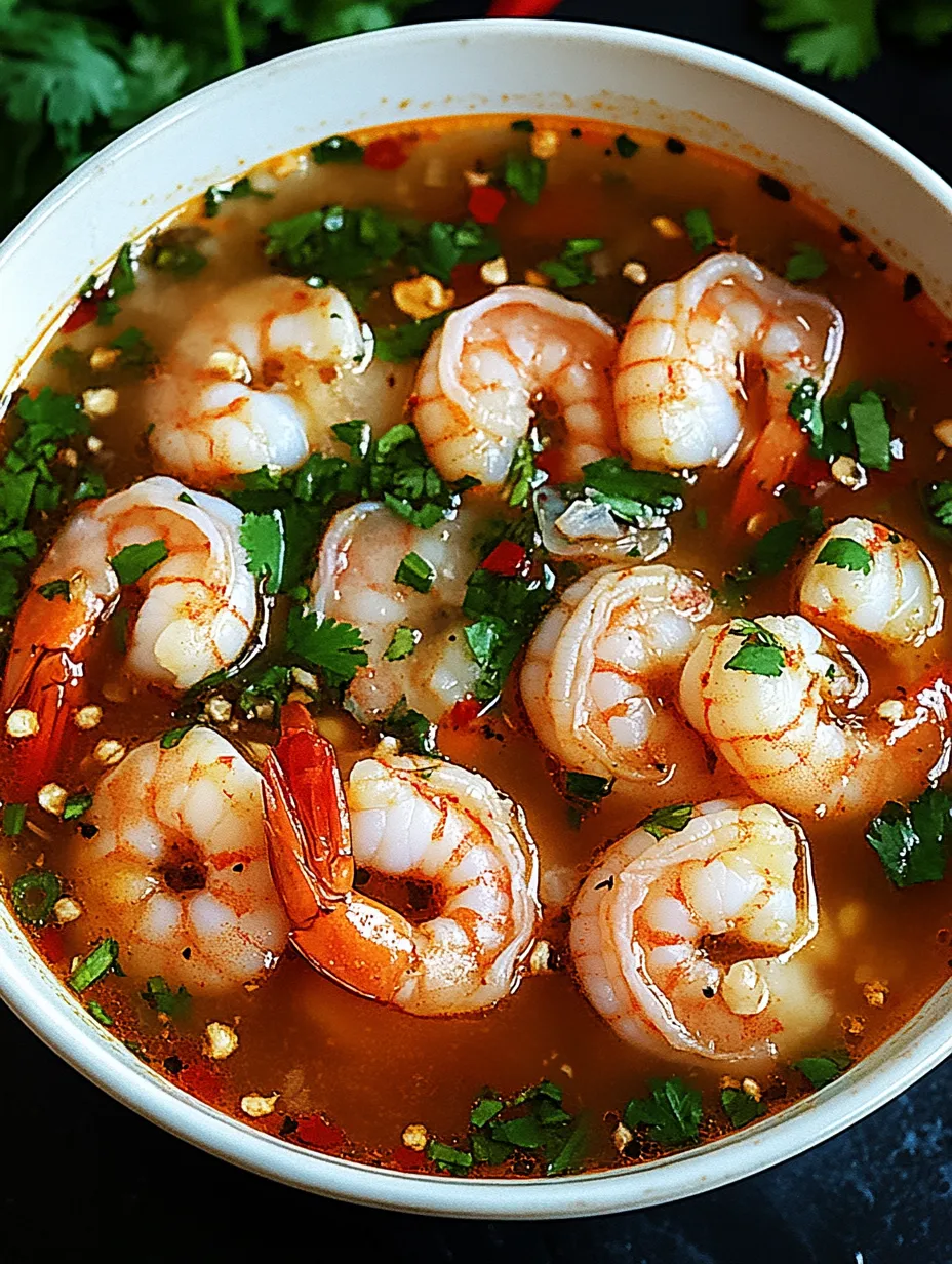 A bowl of shrimp soup with a spoon.