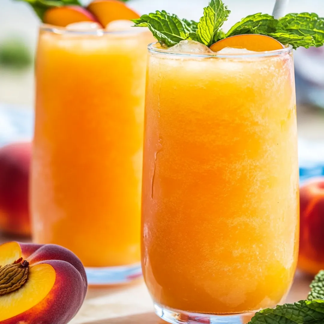 Two glasses of peach juice with mint leaves.