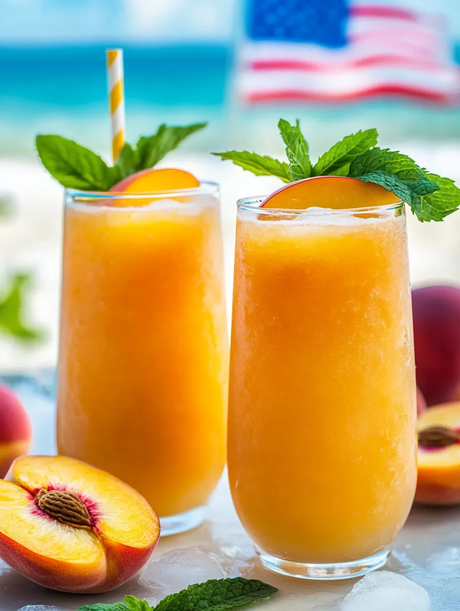 Two glasses of peach juice with peaches on the side.