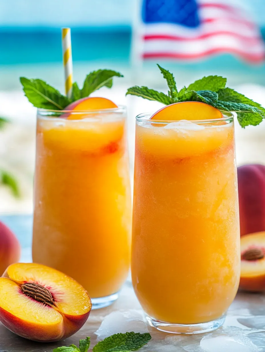 Two glasses of peach juice with a peach in the background.