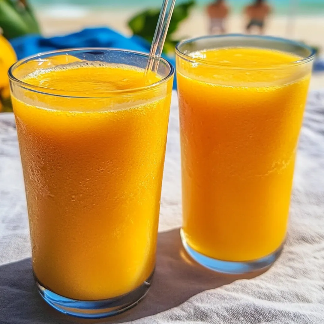 Two glasses of orange juice on a table.