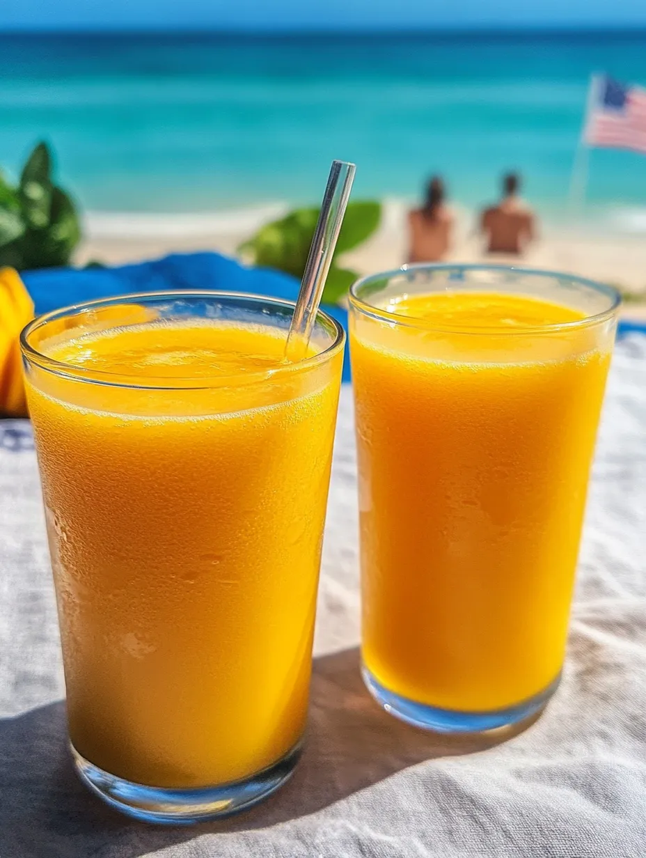 Two glasses of orange juice on a table.