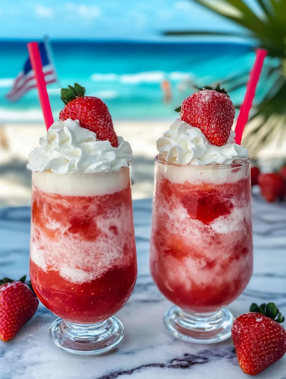 Two glasses of red strawberry milkshakes.