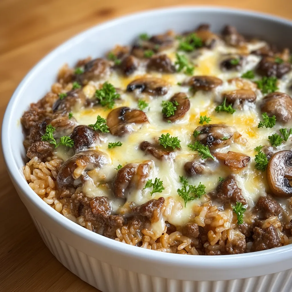 A bowl of rice with mushrooms and cheese.