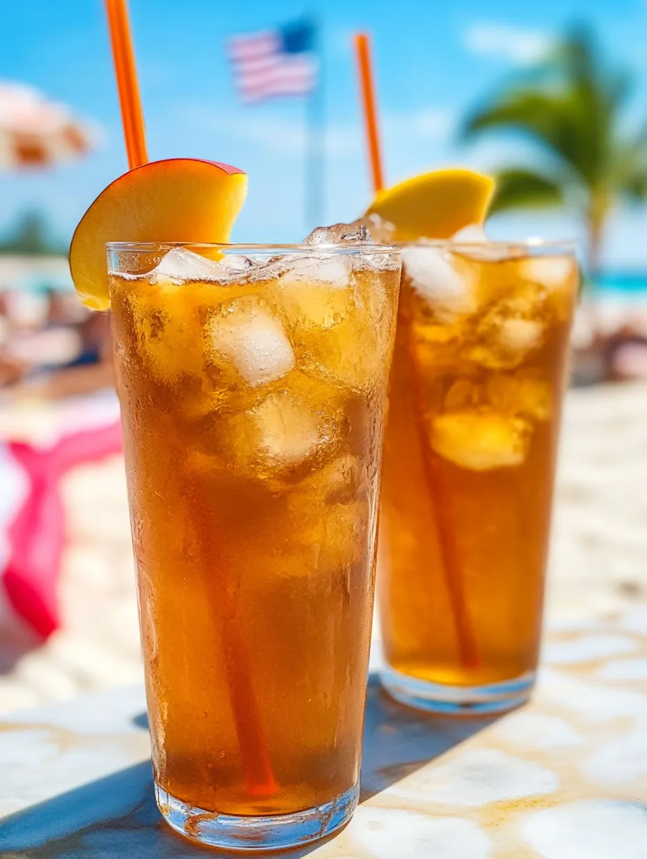 Two glasses of iced tea with slices of apple in them.