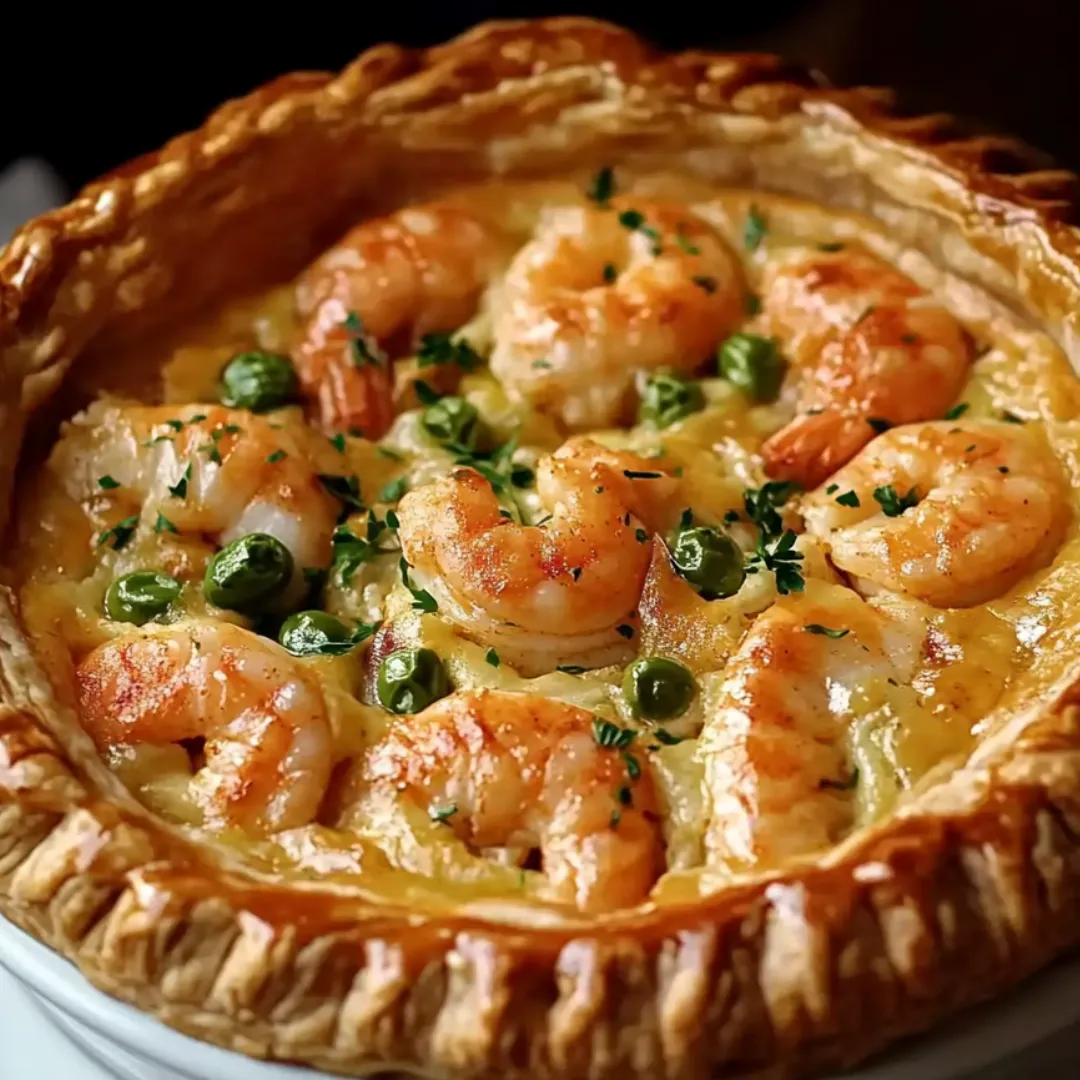 A shrimp and pea pie in a pastry crust.