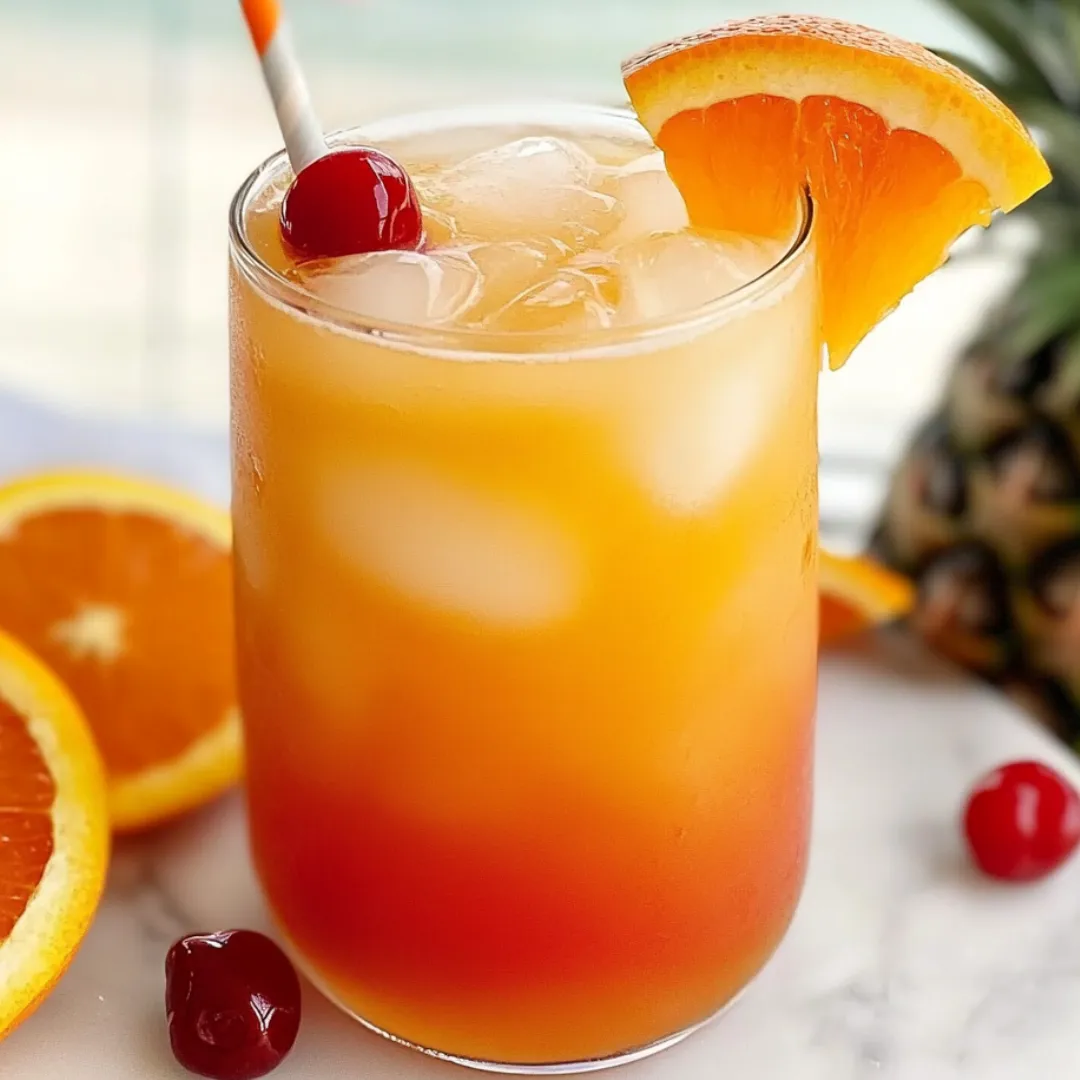 A glass of orange juice with a cherry on top.