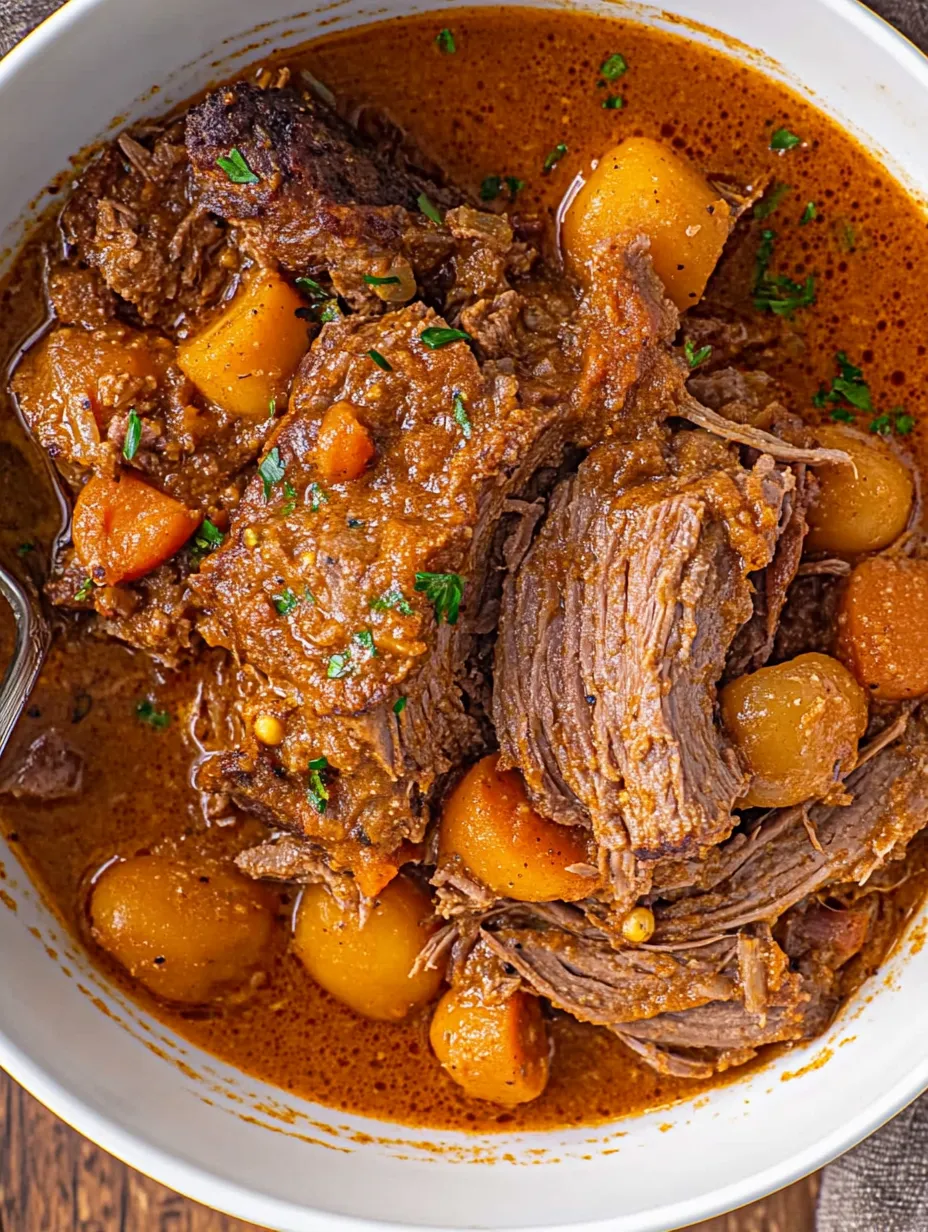 A bowl of beef stew with carrots and potatoes.