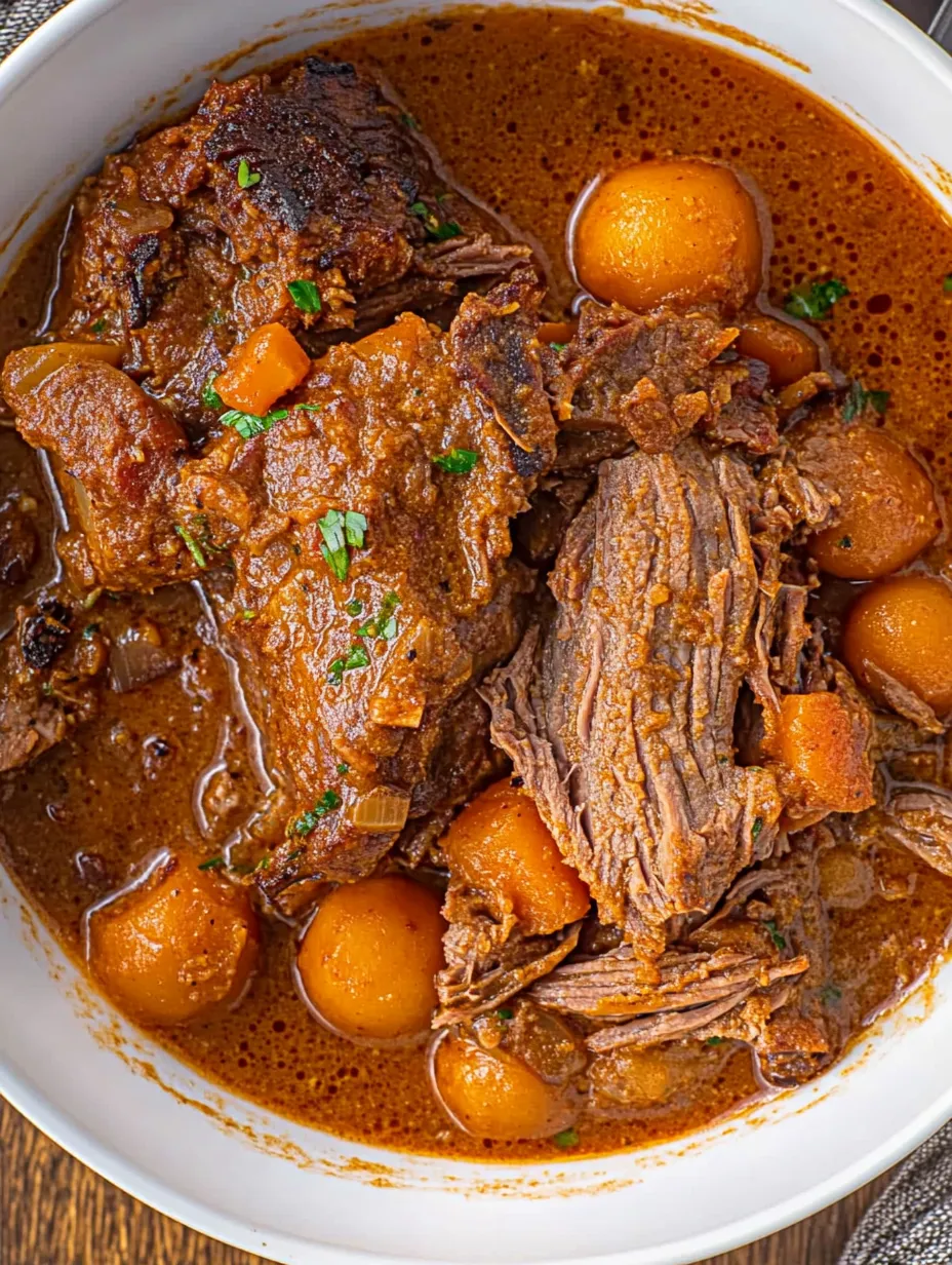 A bowl of beef stew with carrots and potatoes.