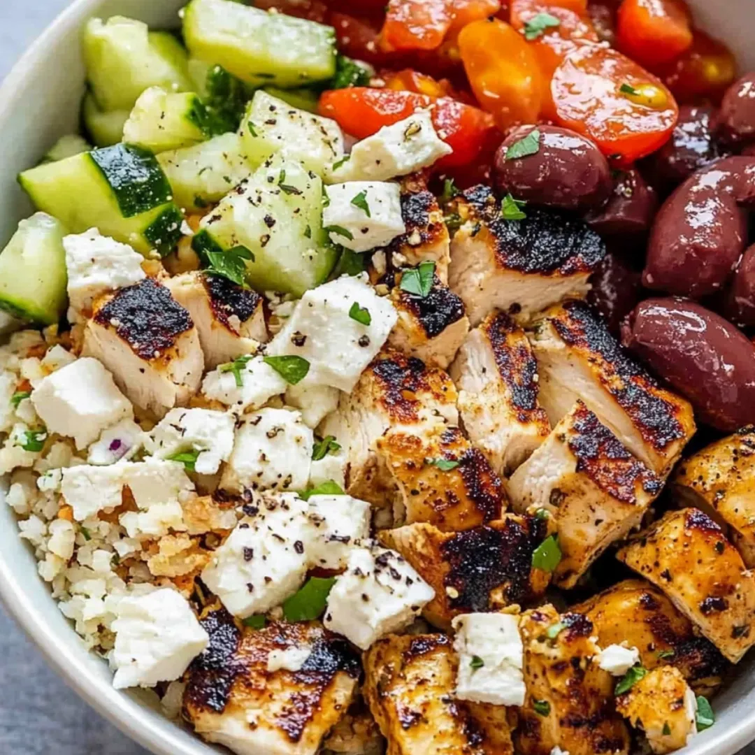 A bowl of food with chicken, tomatoes, cucumbers, and olives.
