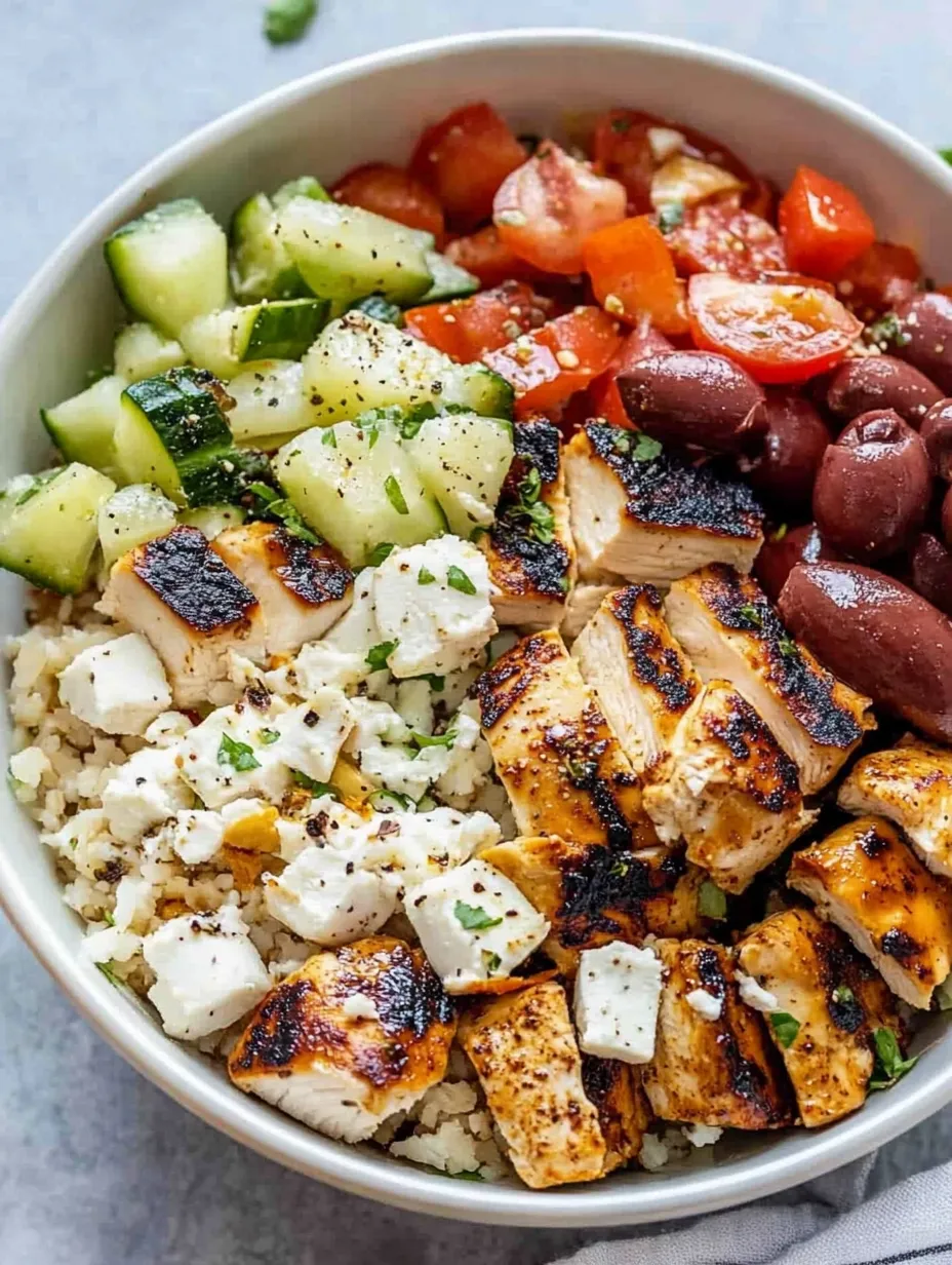 A bowl of food with chicken, rice, tomatoes, cucumbers, and olives.