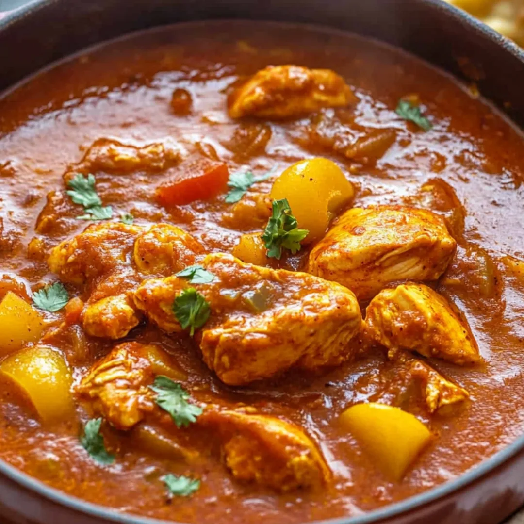 A bowl of chicken and vegetables.