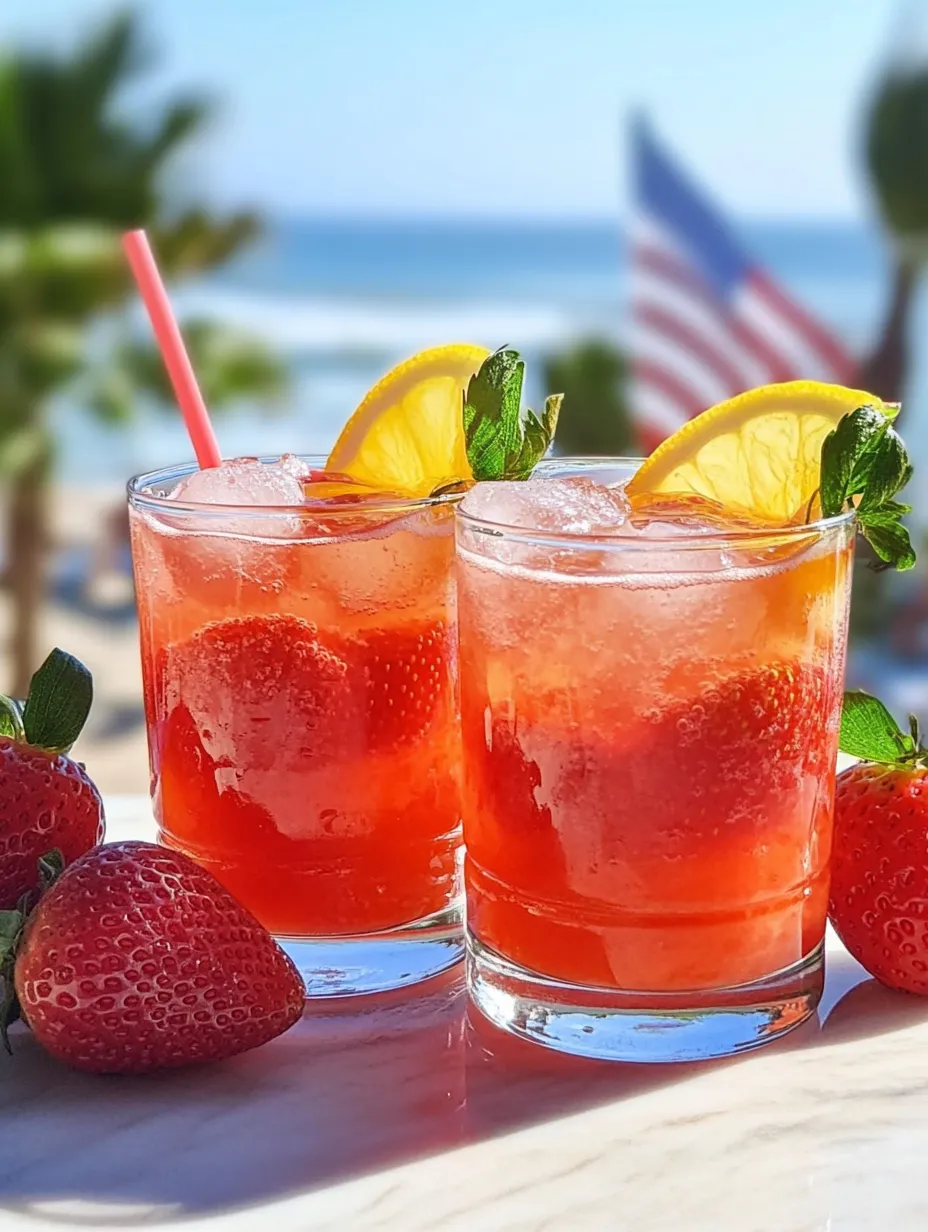 Two glasses of red drink with strawberries on the side.