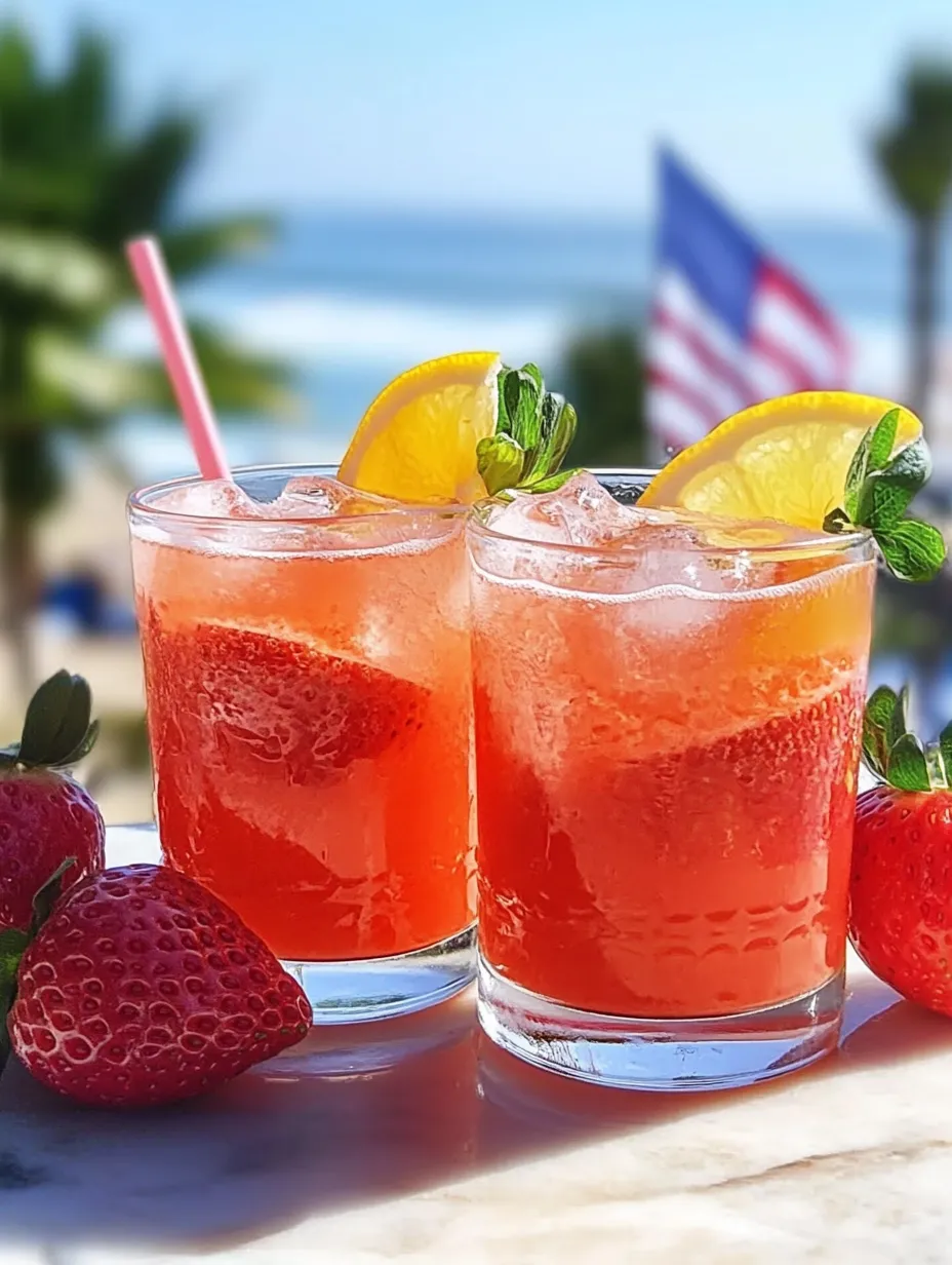Two glasses of red drink with strawberries on the side.