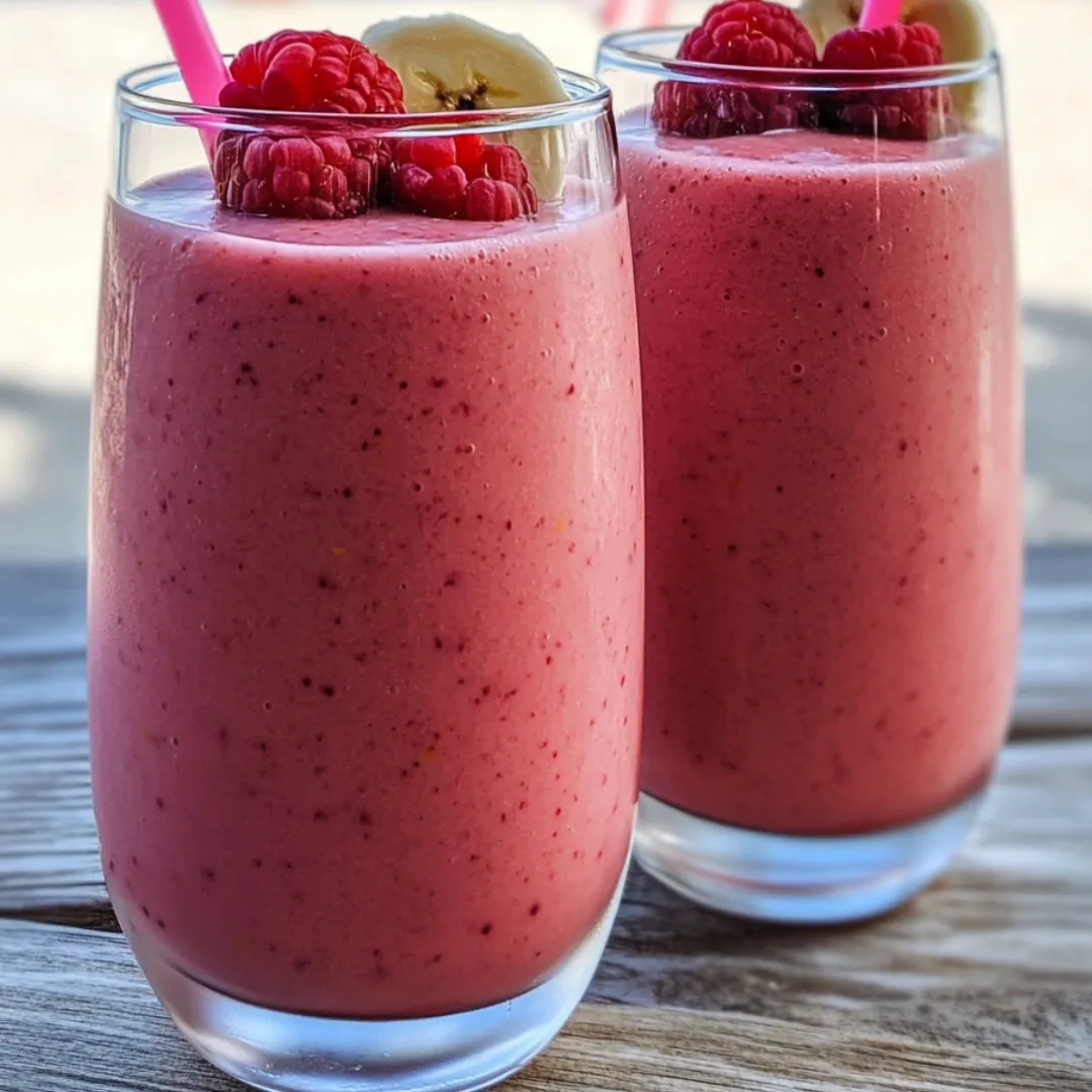 Two glasses of pink smoothie with raspberries.