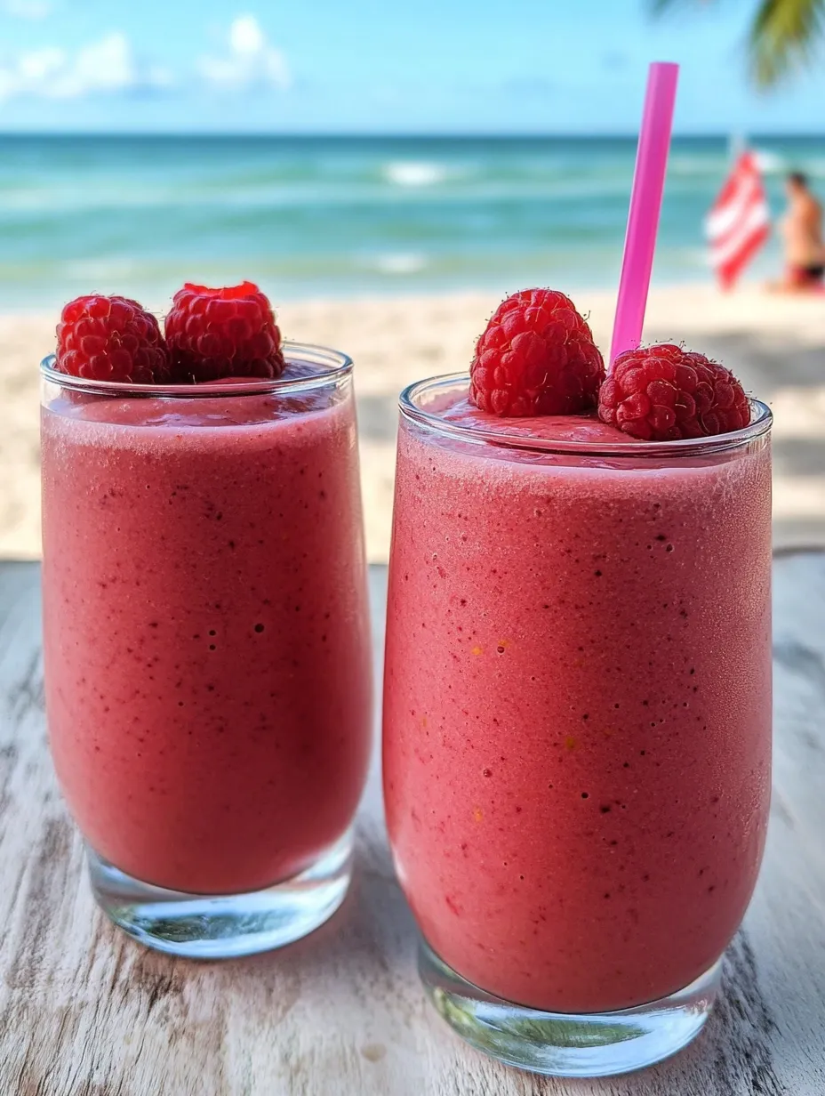 Two glasses of pink smoothie on a table.