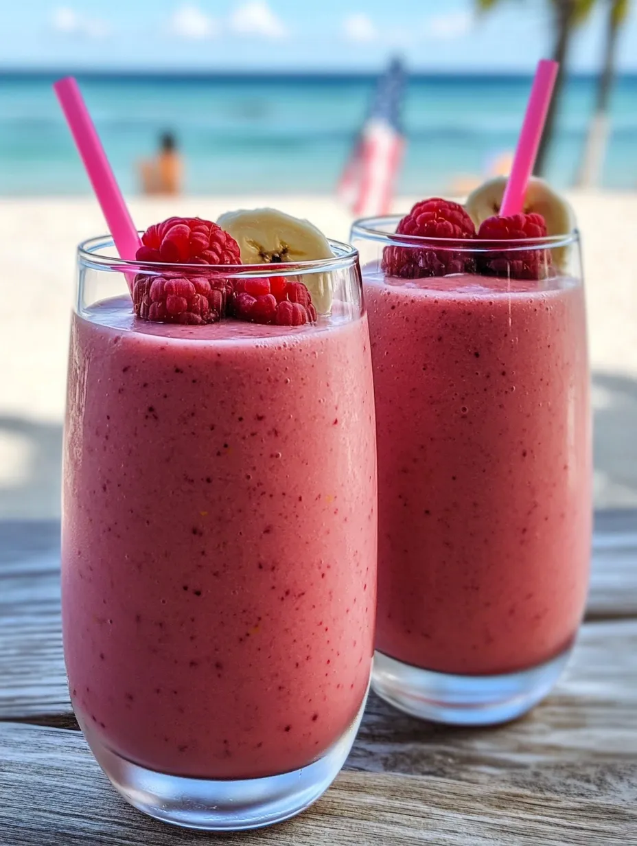 Two glasses of pink smoothie with raspberries on top.