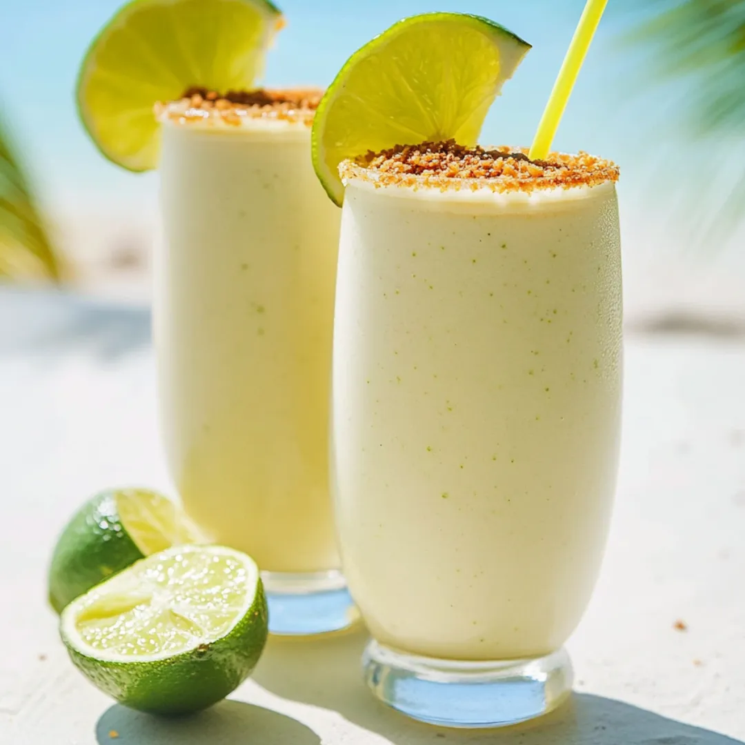 Two glasses of lime juice with limes on the side.