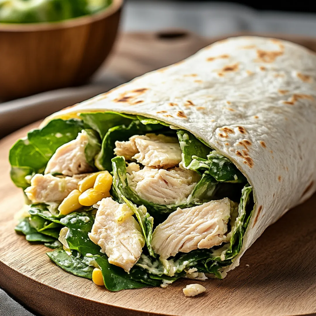 A chicken wrap on a wooden cutting board.