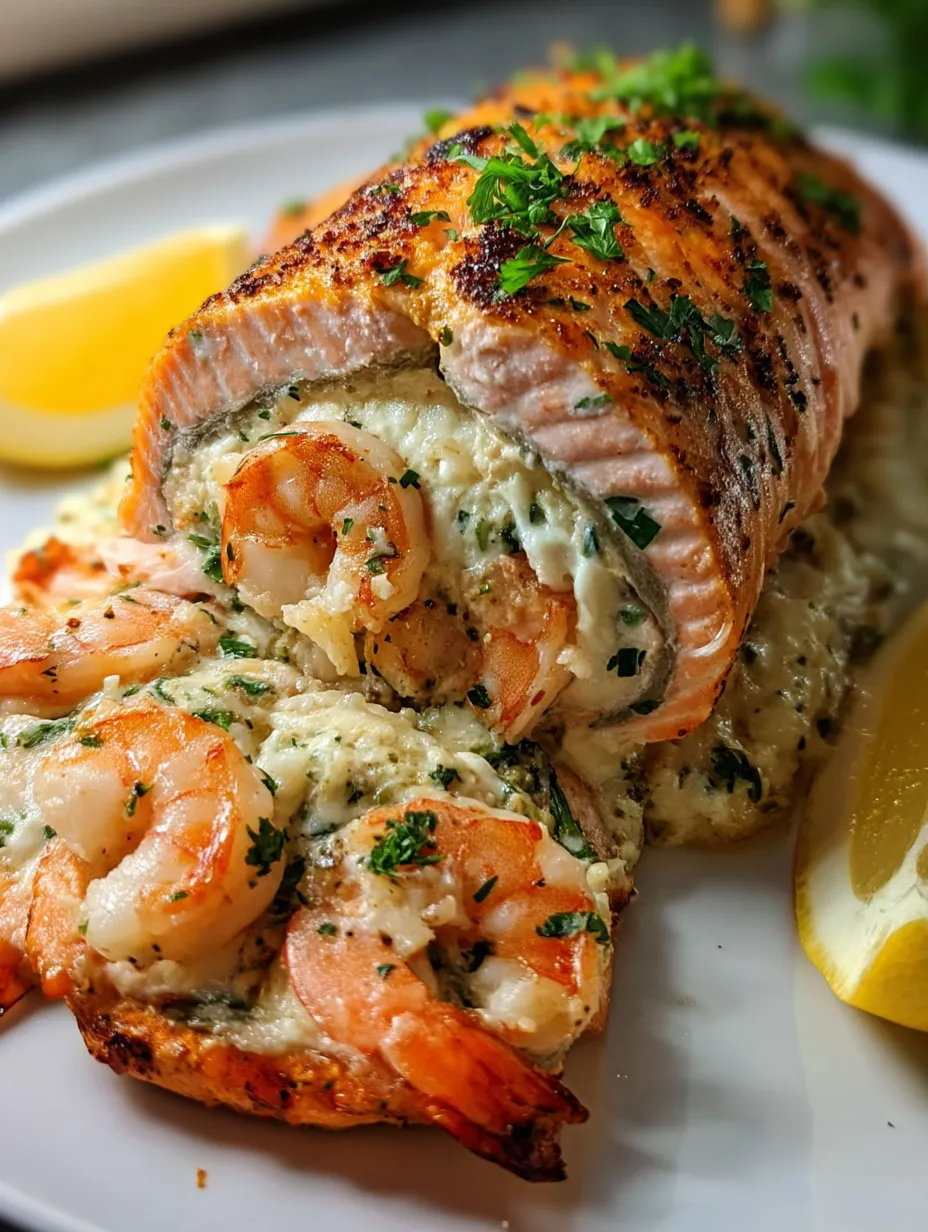 A plate of food with shrimp and lemon.
