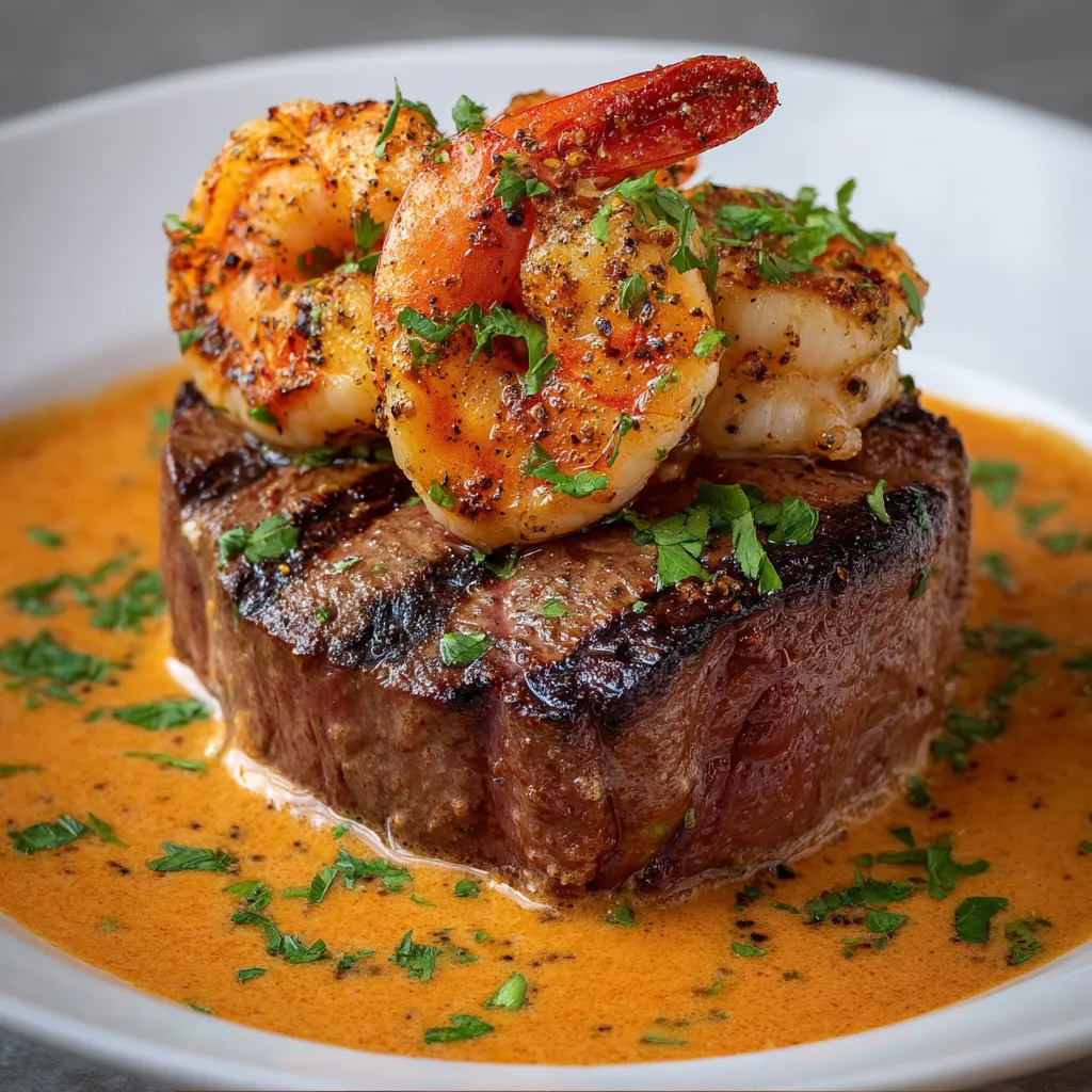 A plate of food with shrimp and steak.