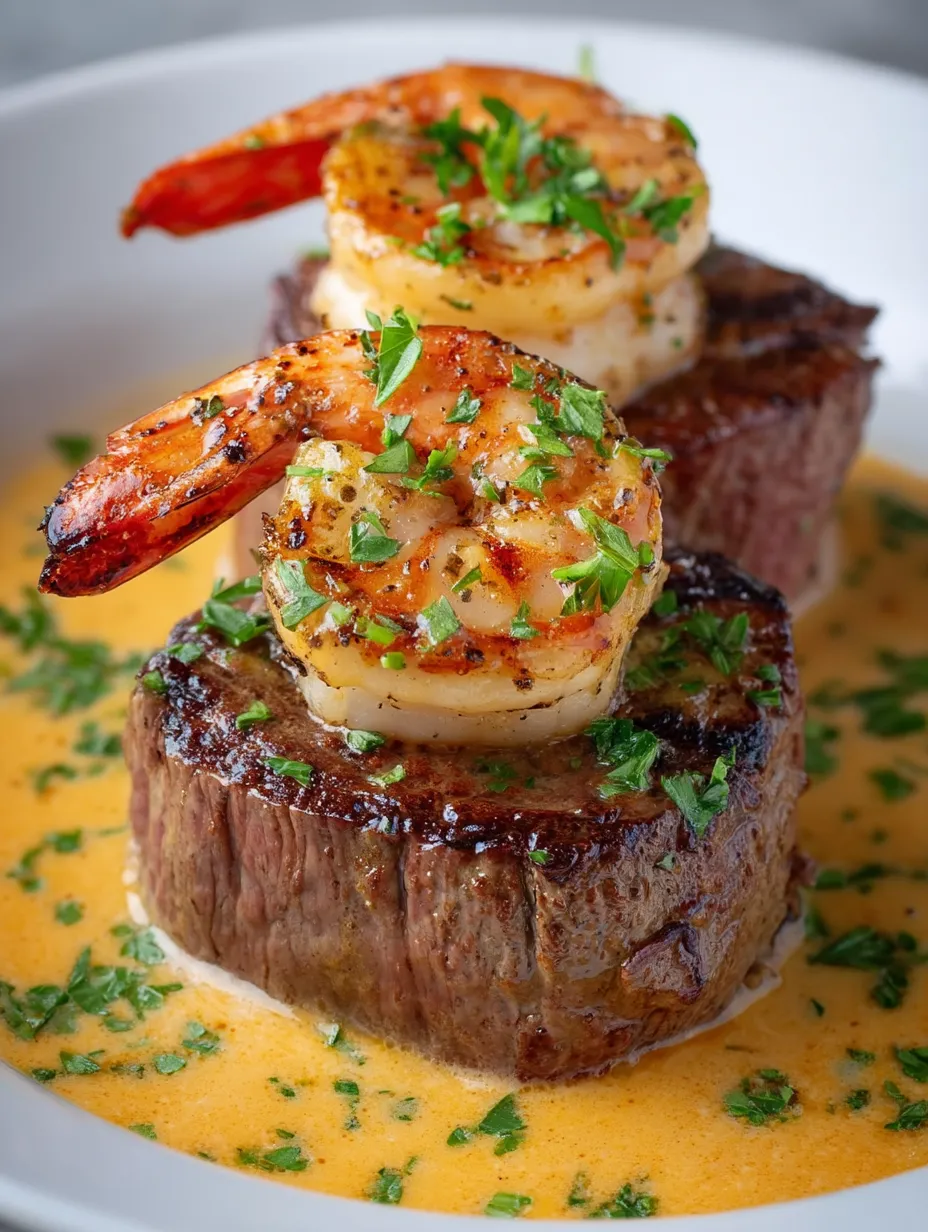 Steak with shrimp on top.