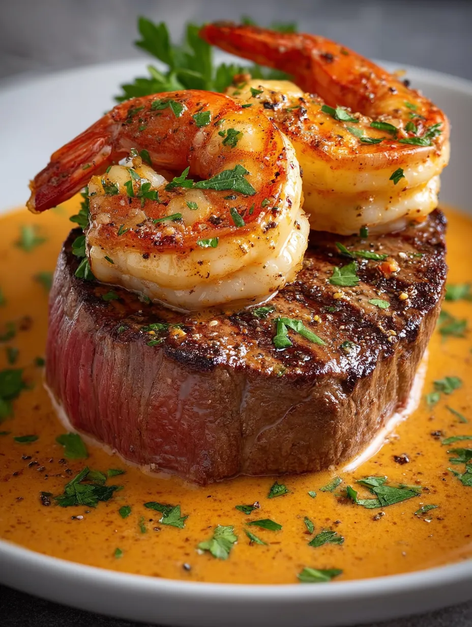 A plate of food with shrimp and steak.