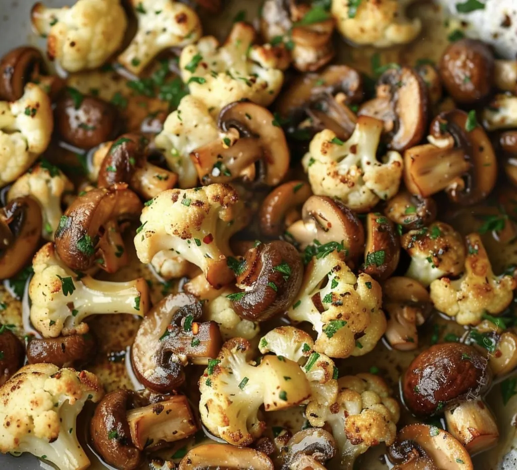 A close up of a dish of mushrooms and cauliflower.