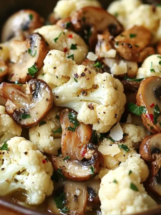 A close up of yummy mushrooms and cauliflower.
