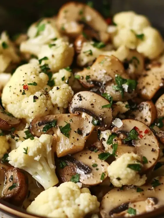 A close up of mushrooms and cauliflower.