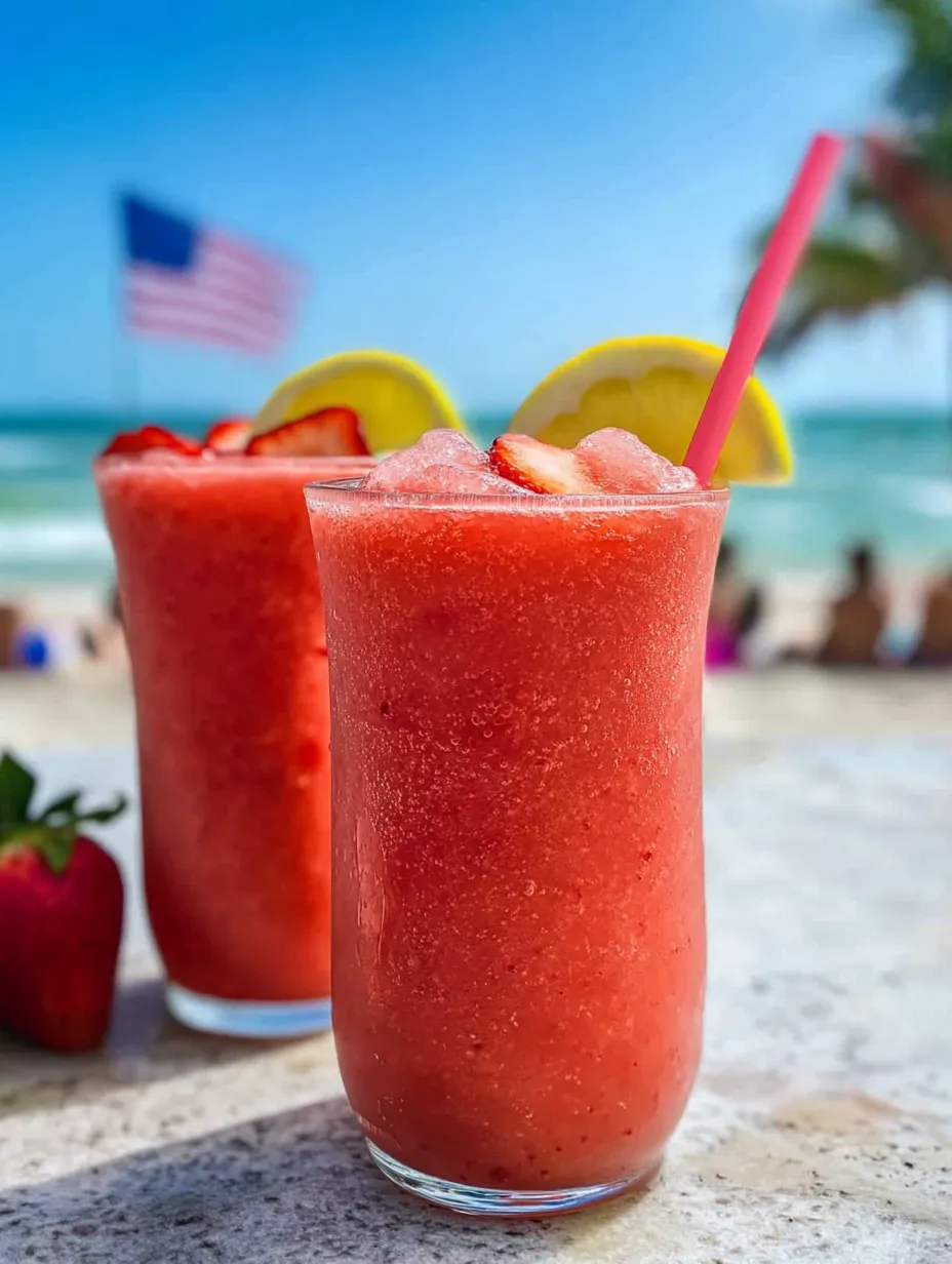 Two glasses of strawberry juice with lemon slices.