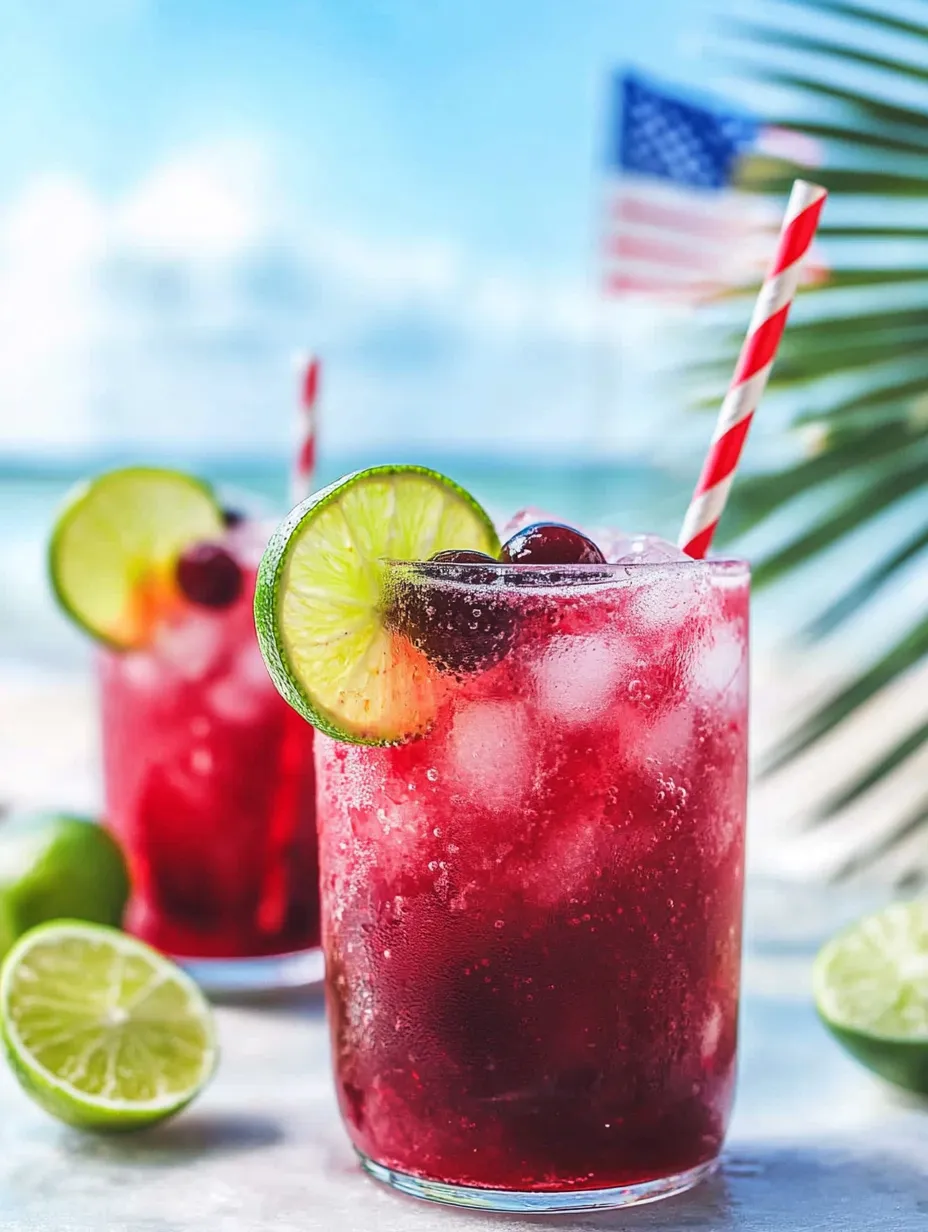Two glasses of red drink with limes and straws.