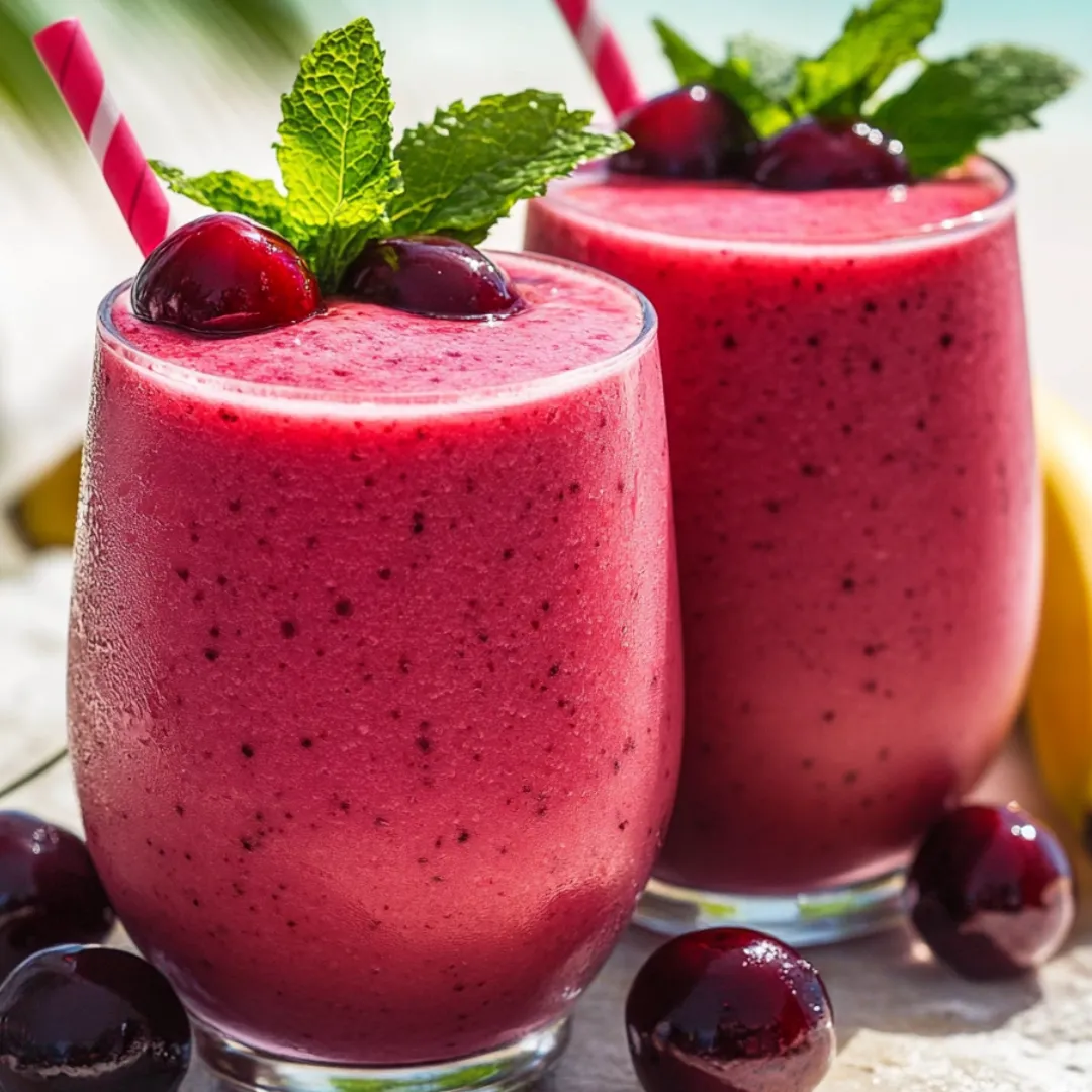 Two glasses of berry smoothie with straws.