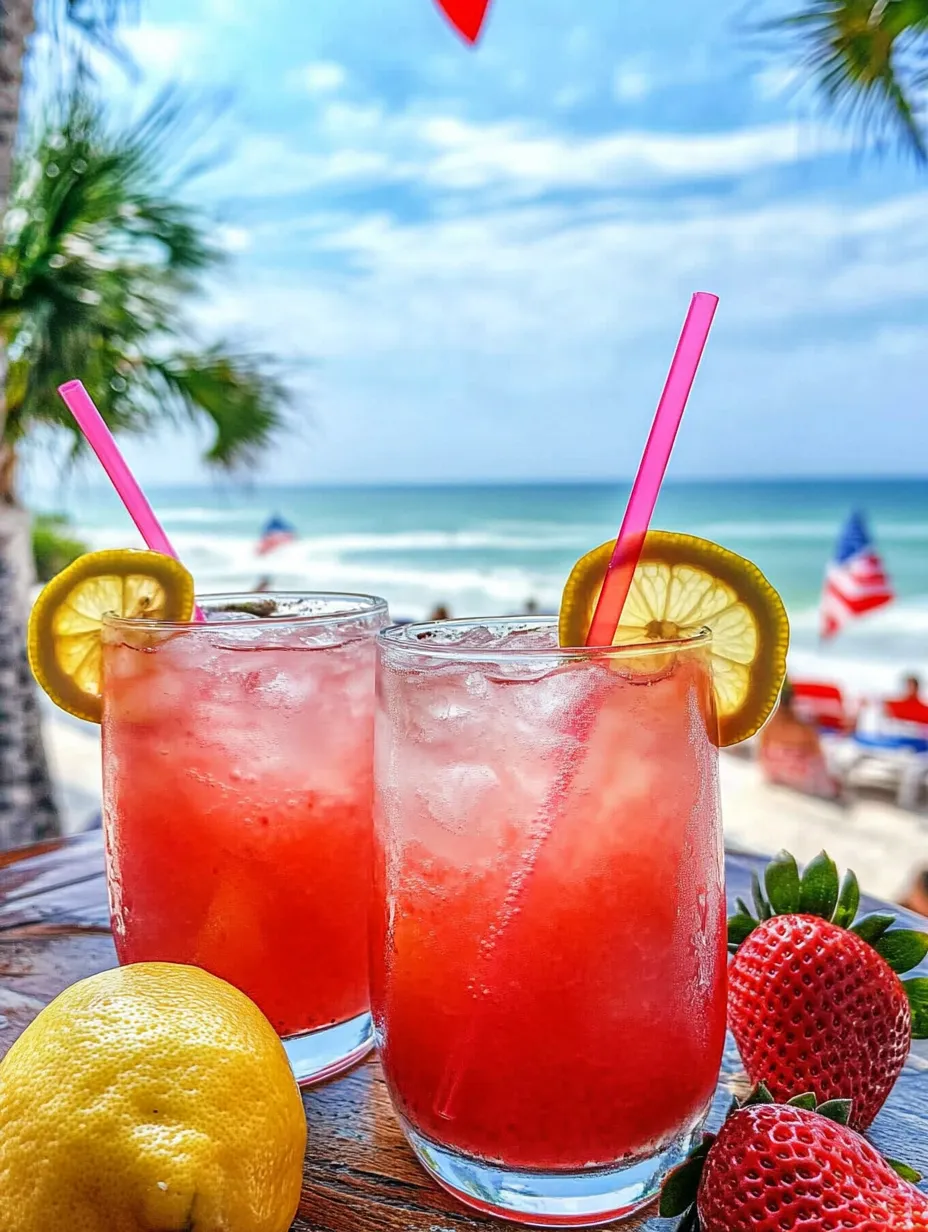 Two glasses of pink lemonade on a table.