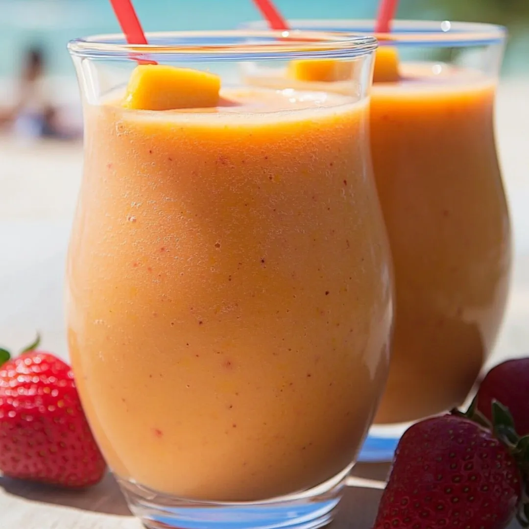 Two glasses of orange juice with strawberries.