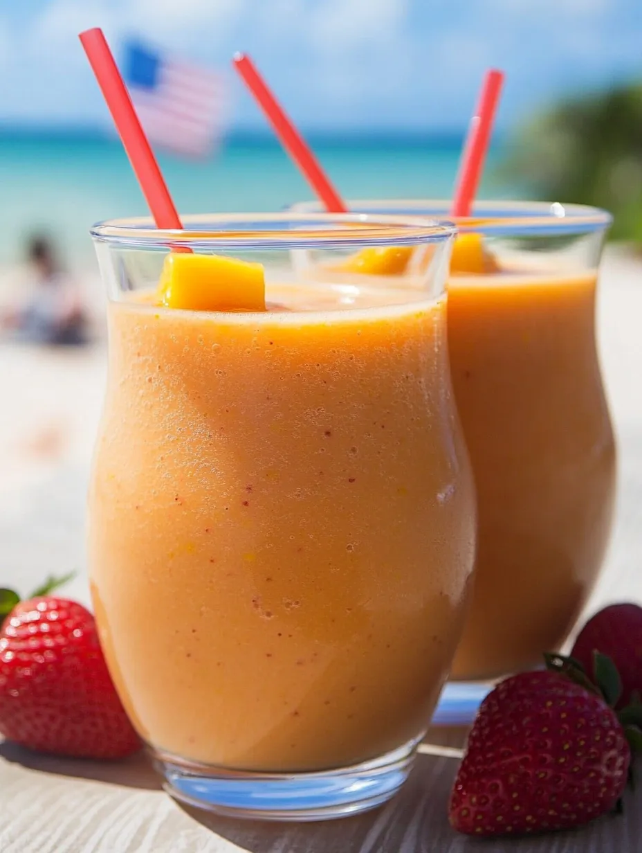 Two glasses of orange juice with straws in them.
