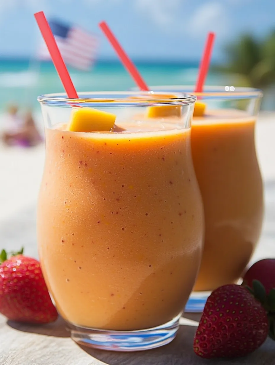 Two glasses of orange juice with strawberries.