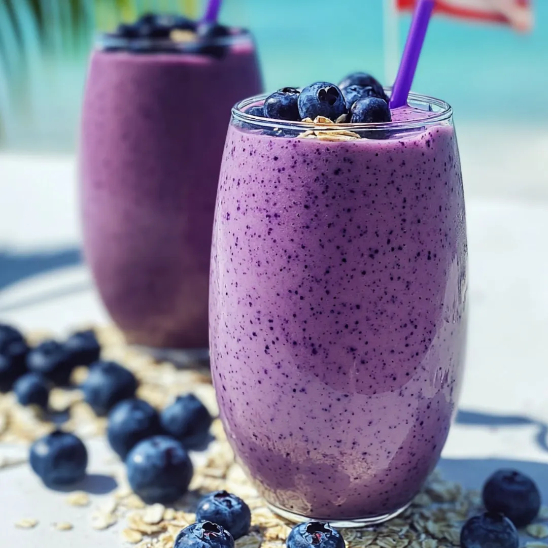 Two glasses of blueberry smoothie with purple straws.