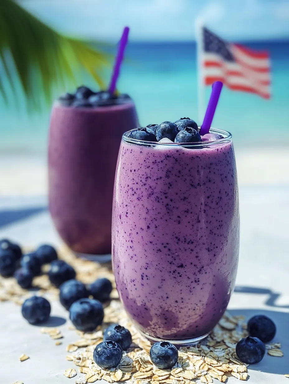 Two glasses of blueberry smoothie with purple straws.
