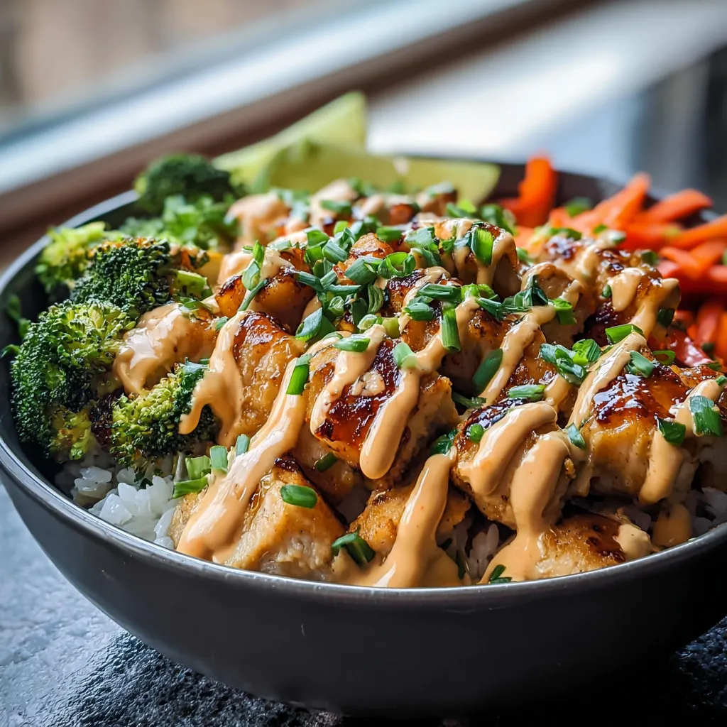 Warm bowl with rice, veggies, and juicy meat.