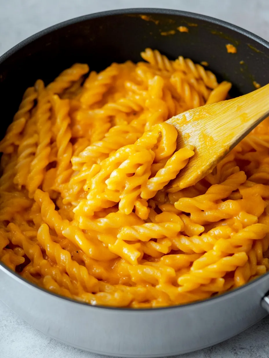 A wooden spoon in a pot of macaroni and cheese.